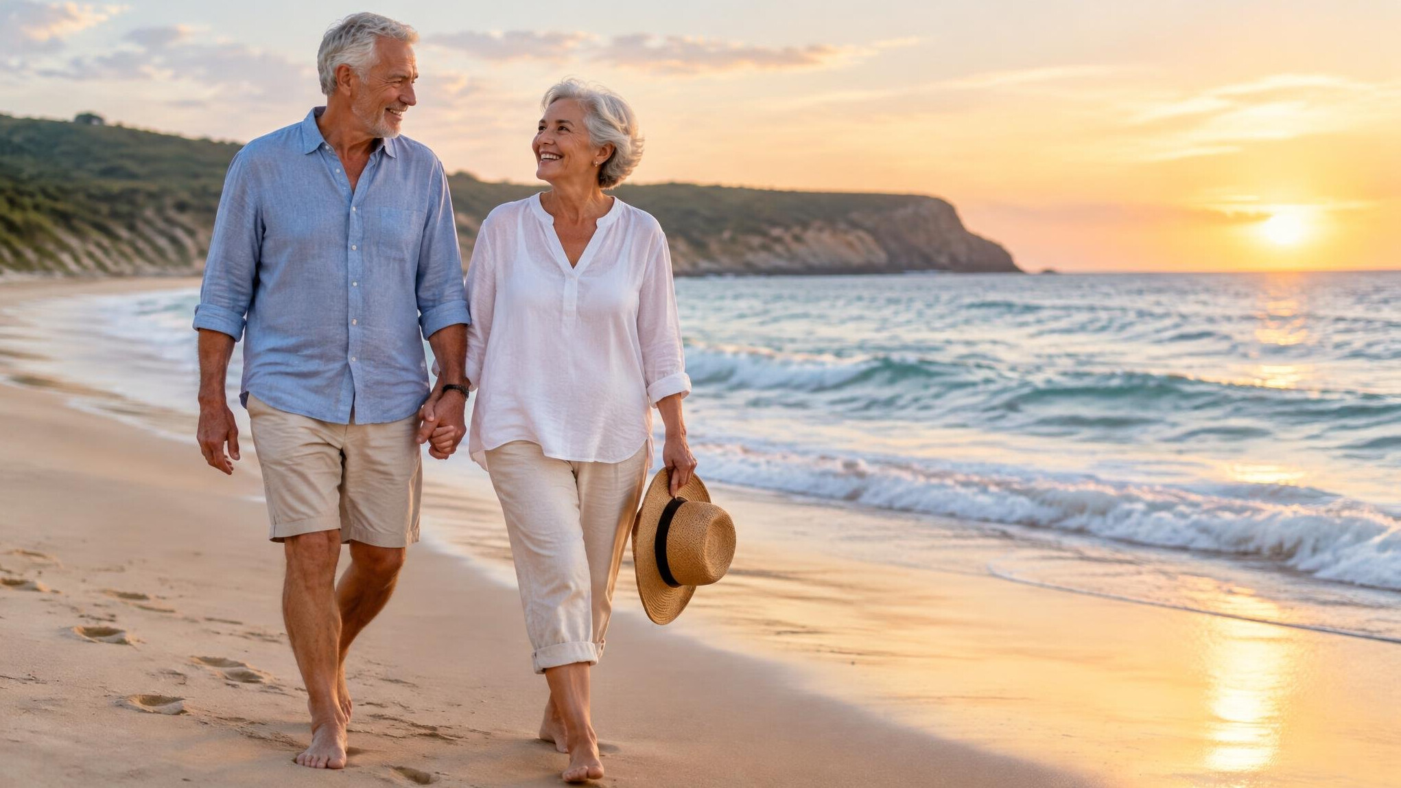 retired couple walking on beach