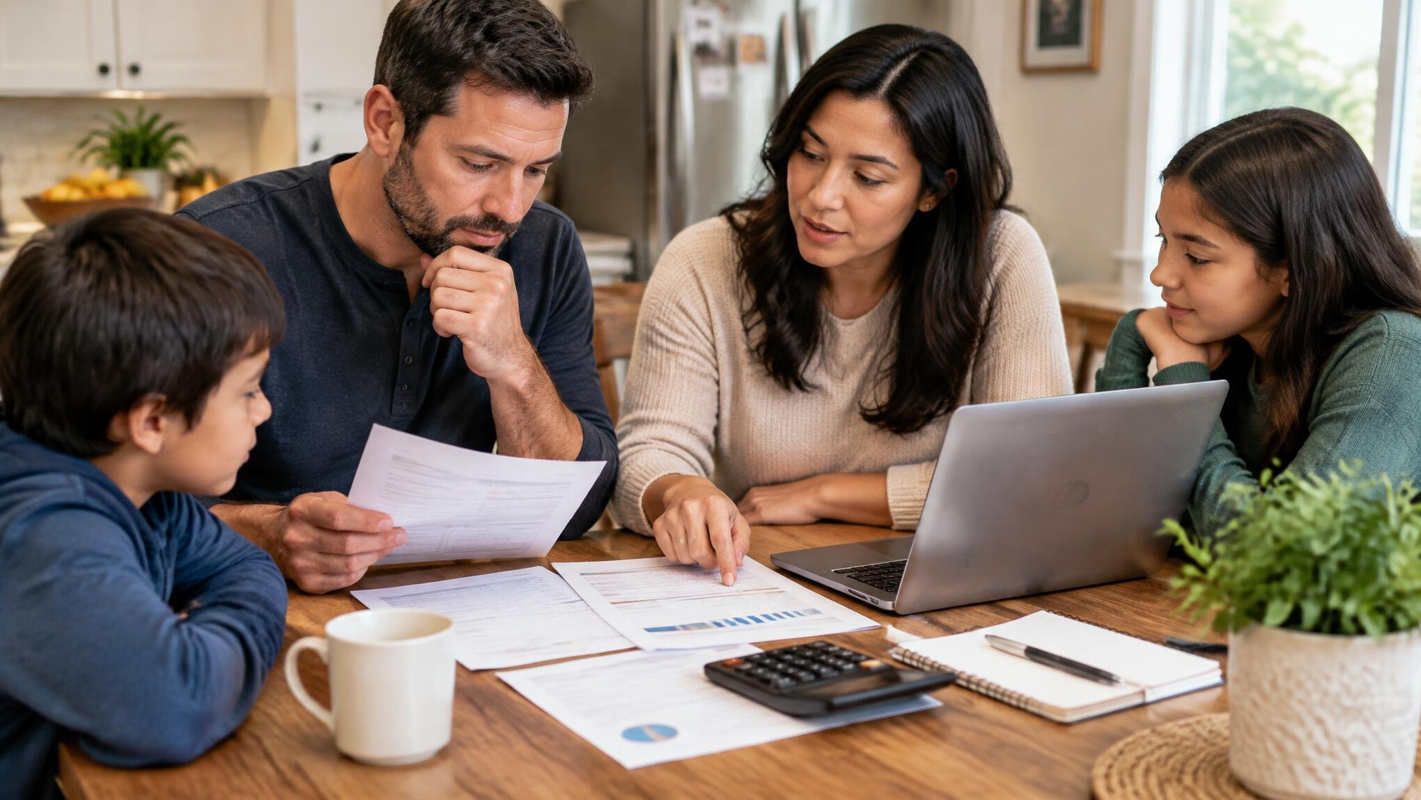 family budgeting at kitchen table