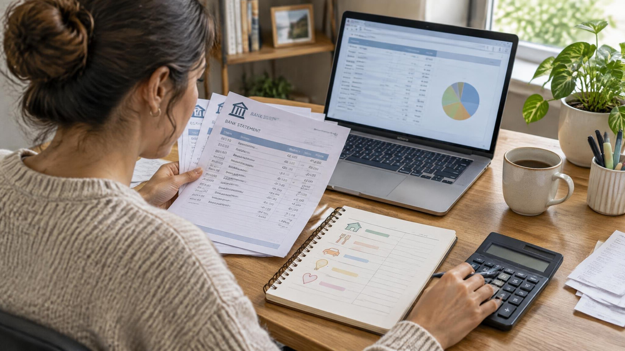 person reviewing bank statements at desk